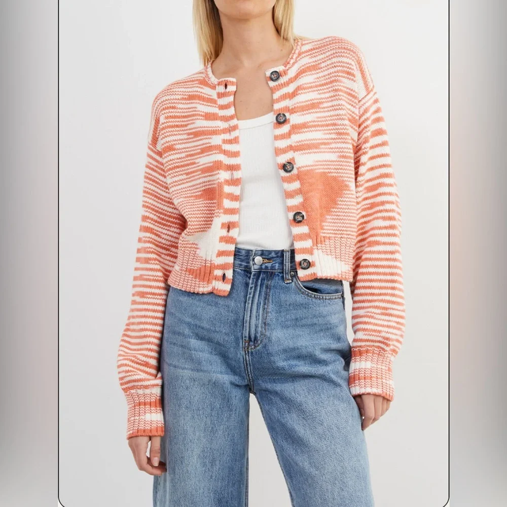 Ciao Lucia Coral and White Striped Cropped Cardigan - Picture 4 of 12